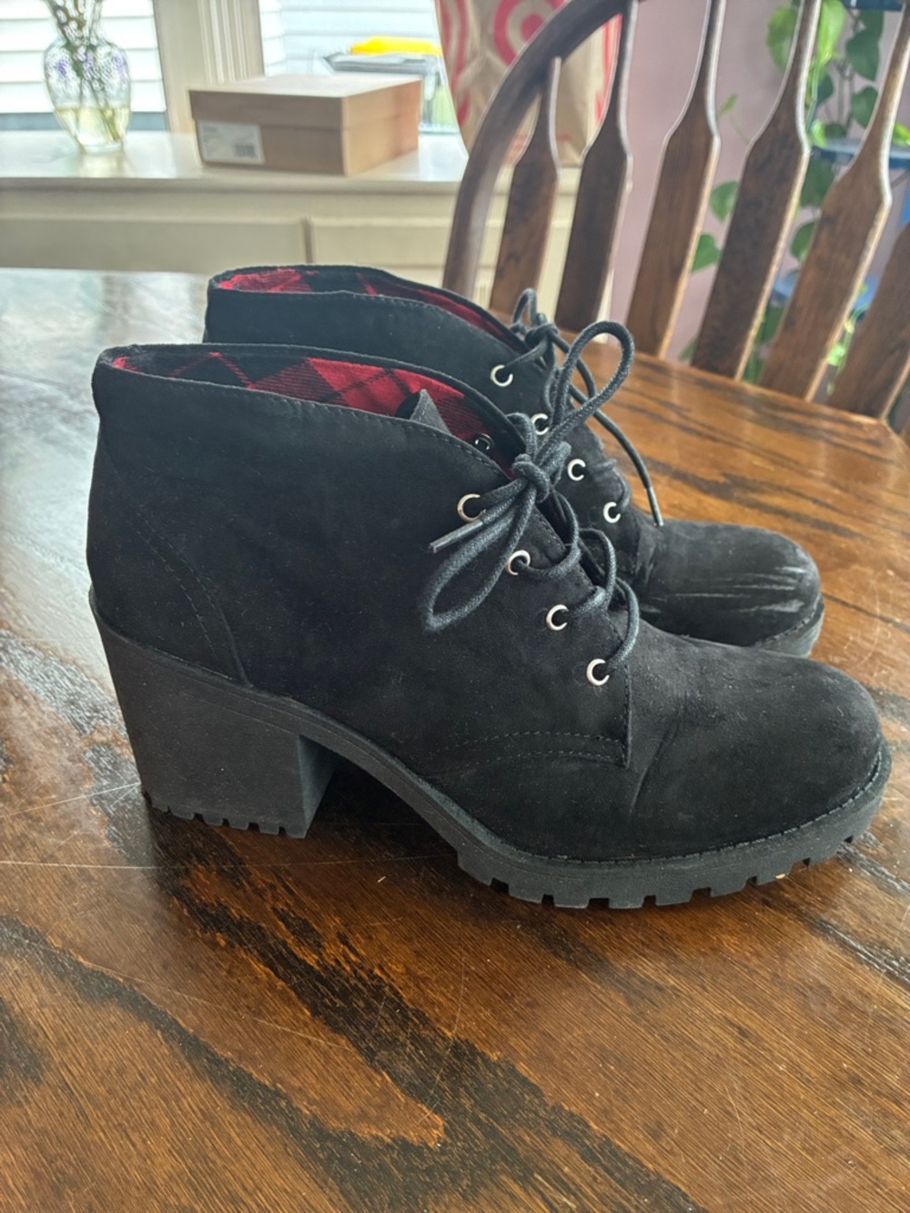 American Rag Black Suede Lace-Up Chunky Heel Ankle Boots
